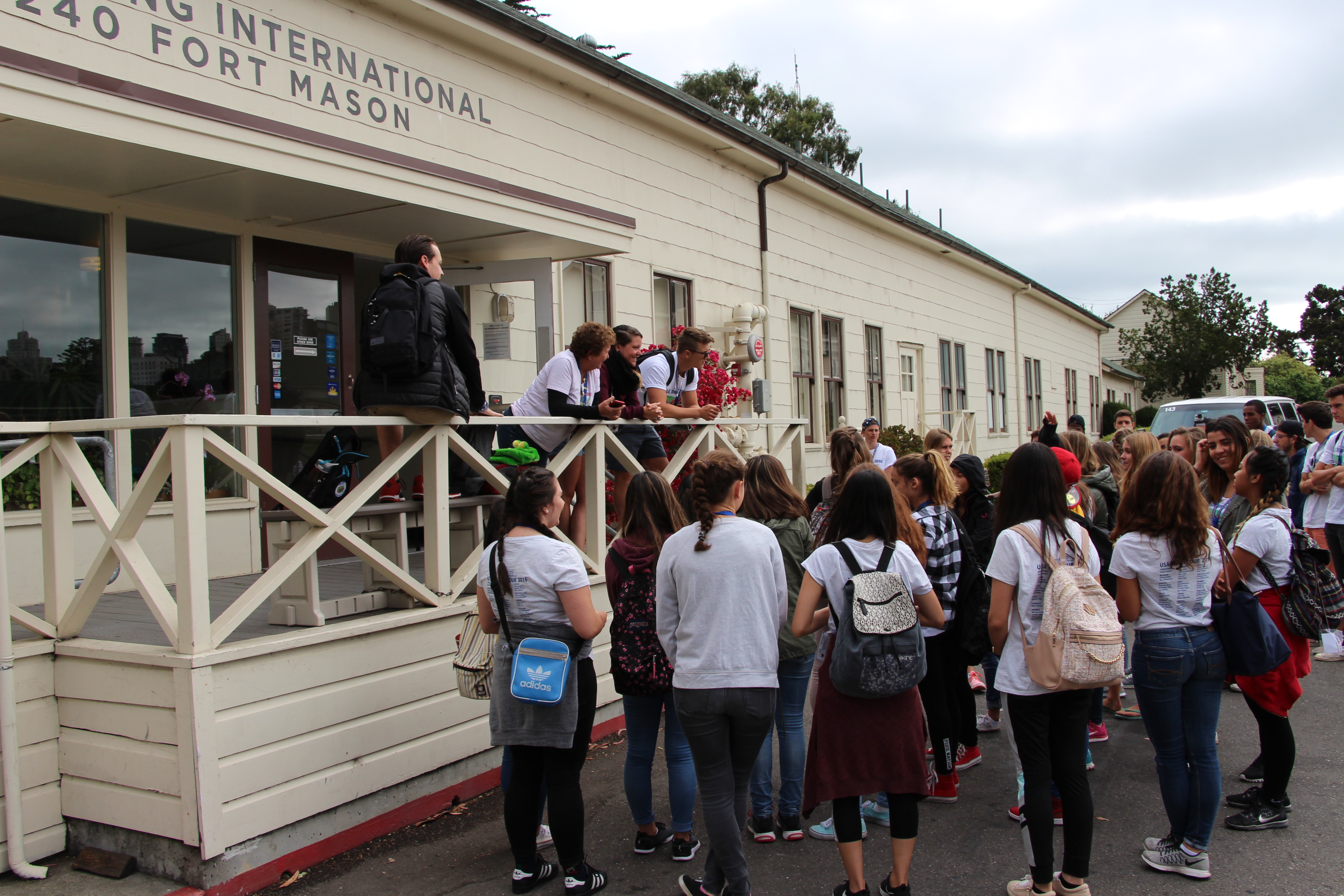 Hostel at Ft. Mason with Students meeting with Chaperones.